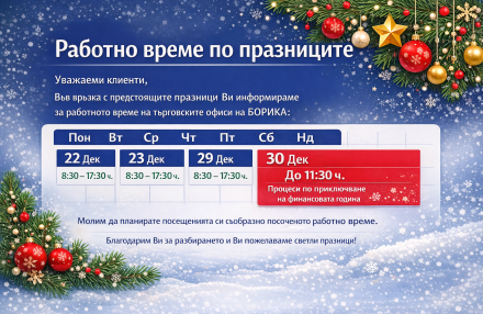 Работно време на търговските офиси на БОРИКА АД до края на 2025 г.